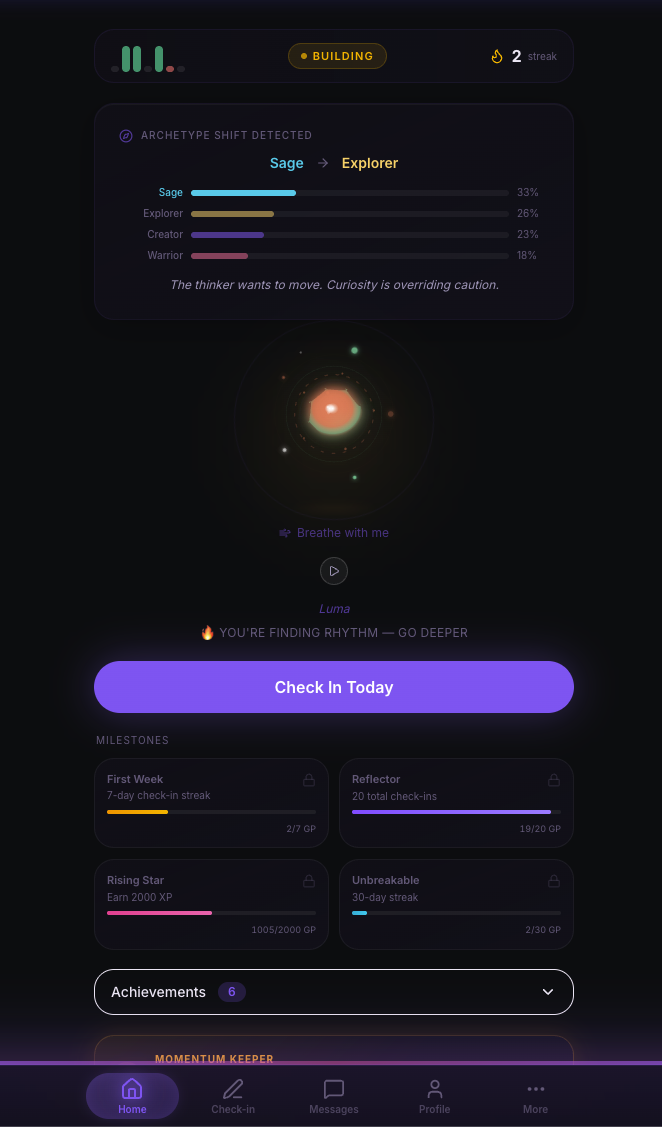The Spark - Check-in with archetype detection and XP